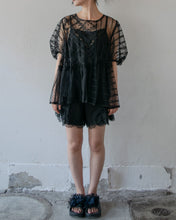 Load image into Gallery viewer, No.1613003 Flocked Polka Dot &Cord Embroidery Tulle Mix Cathered Pannel Short Puff Sleeves Aline Pull Over Blouse