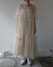 Load image into Gallery viewer, No.1613502 Flocked Polka Dot & Cord Embroidery Tulle Mix Pullover Dress Gatherd Flare Panels and Short Puff Sleeve