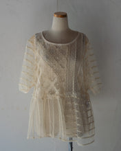 Load image into Gallery viewer, No.1613003 Flocked Polka Dot &Cord Embroidery Tulle Mix Cathered Pannel Short Puff Sleeves Aline Pull Over Blouse