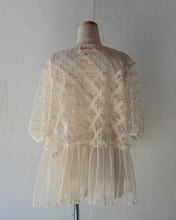 Load image into Gallery viewer, No.1613003　Flocked Polka Dot ＆Cord Embroidery Tulle Mix Cathered Pannel Short Puff Sleeves Aline Pull Over Blouse
