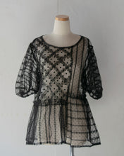 Load image into Gallery viewer, No.1613003　Flocked Polka Dot ＆Cord Embroidery Tulle Mix Cathered Pannel Short Puff Sleeves Aline Pull Over Blouse
