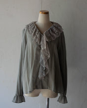 Load image into Gallery viewer, No.1613101　Lace Mix Ruffle Collar Long Puff Sleeve Front Snap Button Blouse
