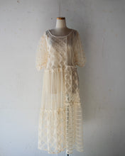 Load image into Gallery viewer, No.1613502　Flocked Polka Dot &amp; Cord Embroidery Tulle Mix Pullover Dress Gatherd Flare Panels and Short Puff Sleeve
