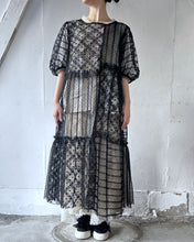 Load image into Gallery viewer, No.1613502　Flocked Polka Dot &amp; Cord Embroidery Tulle Mix Pullover Dress Gatherd Flare Panels and Short Puff Sleeve
